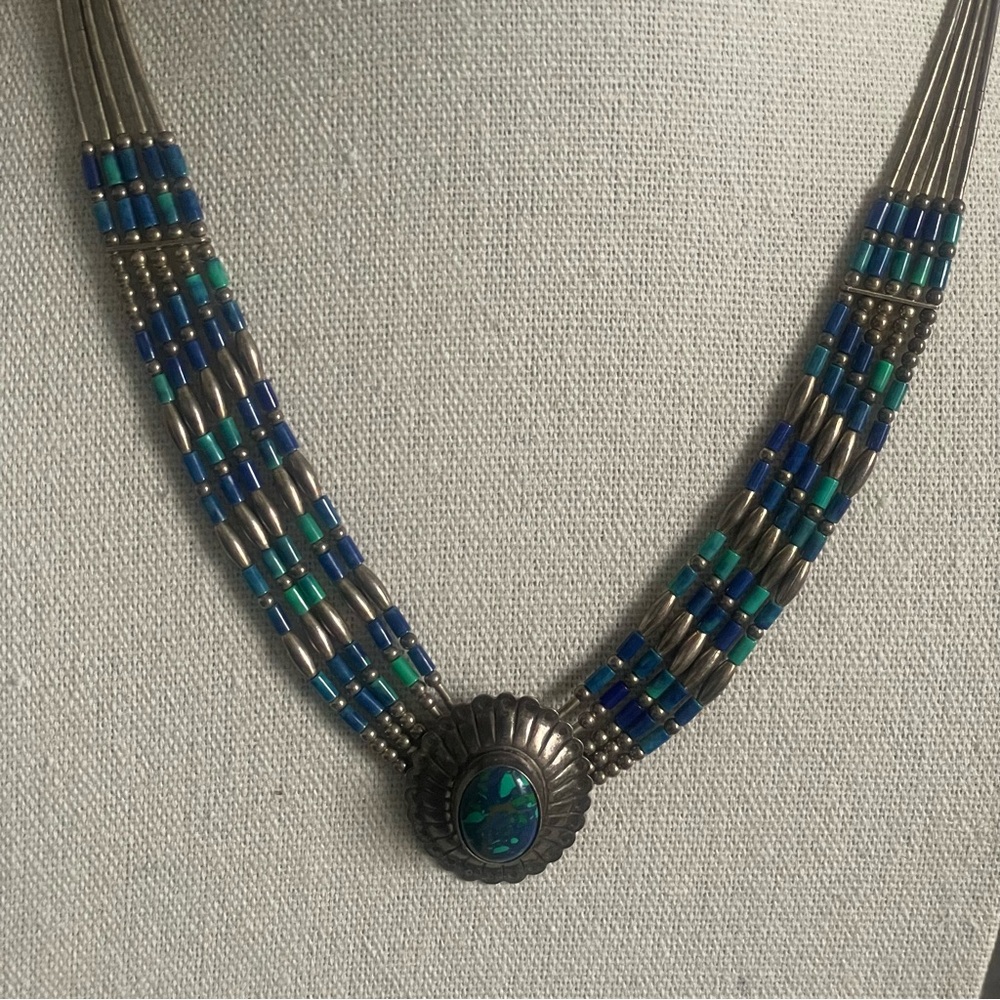 925 Sterling Vintage Lapis Liquid Multi-strand Necklace